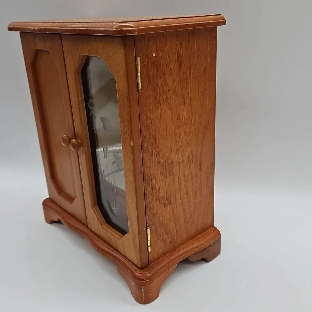 Vtg Wood Jewelry Box Armoire Chest Etched Floral Glass Door Light Oak 11